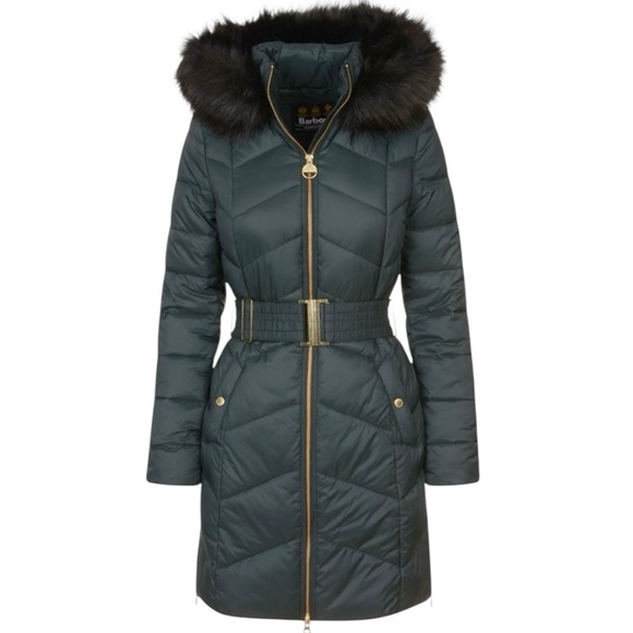Barbour International Match Quilt Fibre Down Long Puffer Coat Green Size 8 - Picture 1 of 10